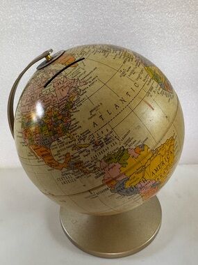 Vtg Replogle 6 Inch Metal Desk Globe Coin Bank Made in USA